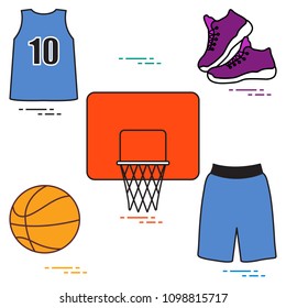 Sports uniform and equipment for basketball. Basketball basket, shirt, sneakers, shorts, ball.