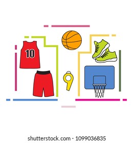 Sports uniform and equipment for basketball. Basketball basket, shirt, shorts, sneakers, whistle, ball.