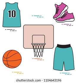 Sports uniform and equipment for basketball. Basketball basket, shirt, sneakers, shorts, ball.