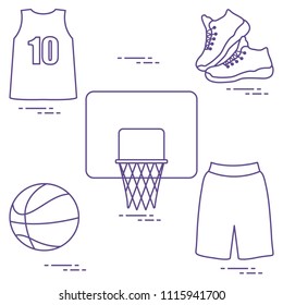 Sports uniform and equipment for basketball. Basketball basket, shirt, sneakers, shorts, ball.