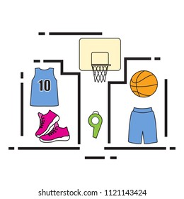 Sports uniform and equipment for basketball. Basketball basket, shirt, shorts, sneakers, whistle, ball.