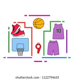 Sports uniform and equipment for basketball. Basketball basket, shirt, shorts, sneakers, whistle, ball.
