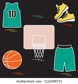 Sports uniform and equipment for basketball. Basketball basket, shirt, sneakers, shorts, ball.