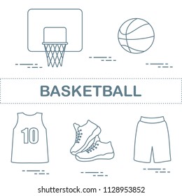 Sports uniform and equipment for basketball. Basketball basket, shirt, sneakers, shorts, ball.