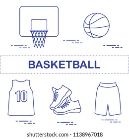 Sports uniform and equipment for basketball. Basketball basket, shirt, sneakers, shorts, ball.