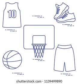 Sports uniform and equipment for basketball. Basketball basket, shirt, sneakers, shorts, ball.