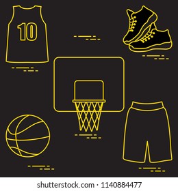 Sports uniform and equipment for basketball. Basketball basket, shirt, sneakers, shorts, ball.