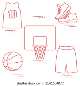 Sports uniform and equipment for basketball. Basketball basket, shirt, sneakers, shorts, ball.