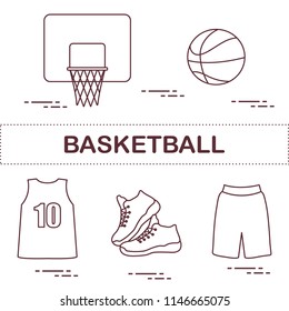 Sports uniform and equipment for basketball. Basketball basket, shirt, sneakers, shorts, ball.