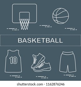 Sports uniform and equipment for basketball. Basketball basket, shirt, sneakers, shorts, ball.