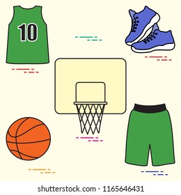 Sports uniform and equipment for basketball. Basketball basket, shirt, sneakers, shorts, ball.