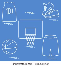 Sports uniform and equipment for basketball. Basketball basket, shirt, sneakers, shorts, ball.