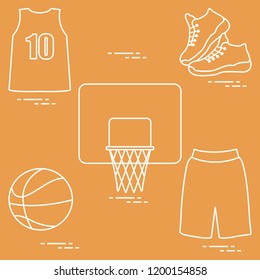 Sports uniform and equipment for basketball. Basketball basket, shirt, sneakers, shorts, ball.