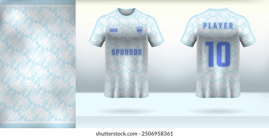 Sports uniform jersey design with an abstract sky blue and white background