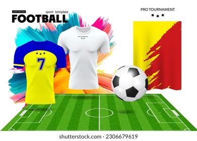 Sports uniform with a realistic ball on the background of a football field
