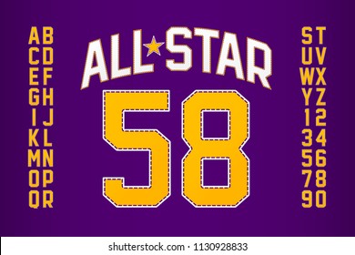 Sports uniform style font, alphabet and numbers vector illustration