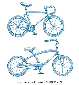 sports and urban bikes hand drawn. Sketch and doodle. Set of two images. Concept of a healthy lifestyle and sport. Eco transport.