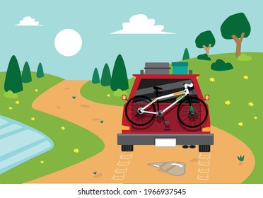 A sports utility vehicle traverse a muddy road in a beautiful landscape. Editable Clip Art.