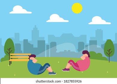 Sports vector concept: Obese couple doing sit up together in the park