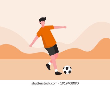 Concepto de vector deportivo: Niño jugando fútbol en el campo mientras disfruta del tiempo libre 