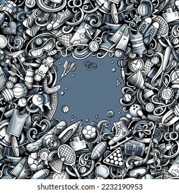 Sports vector doodles illustration. Activities frame design. Athletics elements and objects cartoon background. BMonochrome funny border.