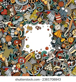 Sports vector doodles illustration. Activities frame design. Athletics elements and objects cartoon background. Bright colors funny border. NOT AI