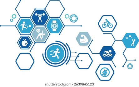 Sports vector EPS 10. Blue concept with no people and icons related to exercising, training and fitness, heart health, healthy and sportive active lifestyle.