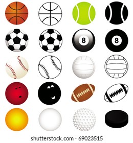 Sport-Vektorgrafik - Fußball, Fußball, Tennis, Rugby, Bowling, Basketball, Baseball usw. Unterschiedliche Bälle in Farbe und Silhouette-Symbol-Sammlung einzeln auf weißem Hintergrund