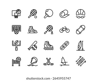 Conjunto de Ícones de Vetor de Esportes | Espessura ajustável da linha | Basquetebol, tênis, futebol, ciclismo, skate, ioga, voleibol, beisebol, surf, esqui, patinação, hóquei, ícones de recreação