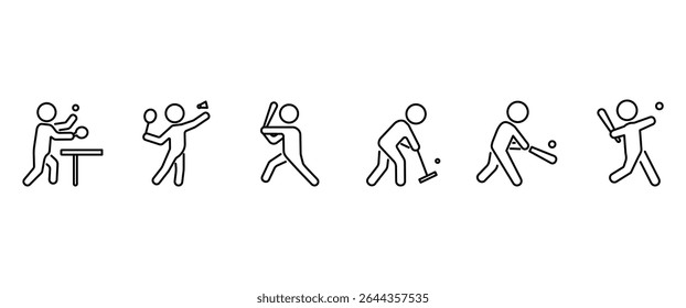 Sports vector icon set, Sports people icons with ball, table tennis, badminton, baseball, gateball, cricket and softball vector illustration in transparent background. Sport line icon set. Editable.