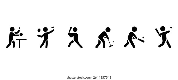 Sports vector icon set, Sports people icons with ball, table tennis, badminton, baseball, gateball, cricket and softball vector illustration in transparent background. Flat icon set.