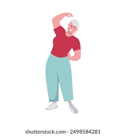 A sports vector illustration with a grandmother doing exercises. The theme of physical activity: a cheerful elderly woman doing an exercise leaning sideways