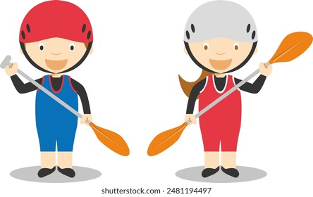 Ilustraciones vectoriales deportivas: Canoe Slalom personajes de dibujos animados masculinos y femeninos