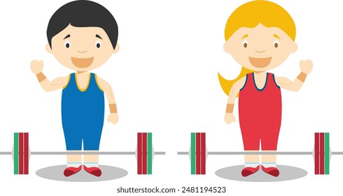 Sports vector illustrations: Weightlifting male and female cartoon characters