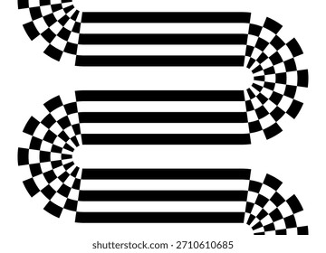 Sports vector pattern of black stripes on a white background. Modern dynamic design element for advertising, interior, packaging, games. Vector background. Zigzag tape with a checkered pattern 