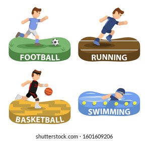 Sports in the vector. People play sports. Vector illustration in flat style. Football, swimming, running, basketball