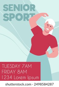 Sports vector poster with a workout schedule for the elderly. The topic of physical activity: a cheerful elderly woman in a sports uniform doing exercises