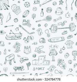 Sports. Vector Seamless pattern of sports equipment. Hand Drawn Doodles illustration.