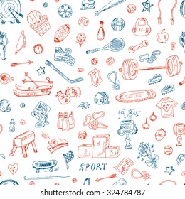 Sports. Vector Seamless pattern of sports equipment. Hand Drawn Doodles illustration.