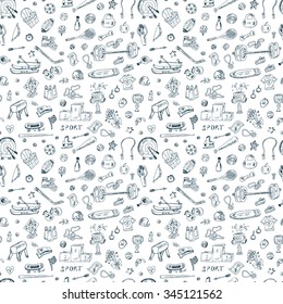Sports. Vector Seamless pattern of sports equipment. Hand Drawn Doodles illustration.