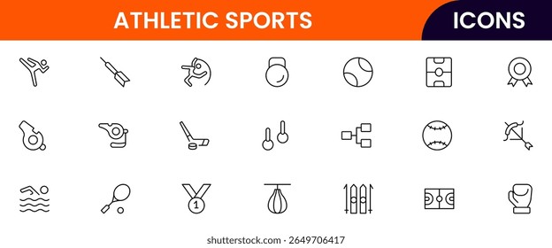 Sports vector web line icon collection sleek illustrations of balls, equipment, fitness, and athletic symbols for dynamic, active designs.