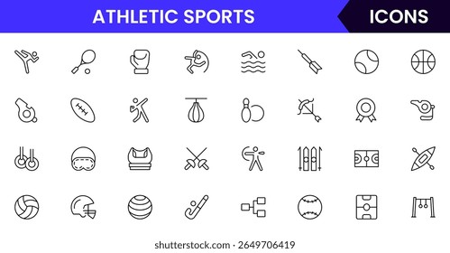 Sports vector web line icon collection sleek illustrations of balls, equipment, fitness, and athletic symbols for dynamic, active designs.