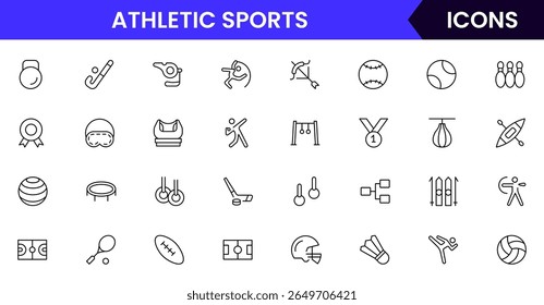 Sports vector web line icon collection sleek illustrations of balls, equipment, fitness, and athletic symbols for dynamic, active designs.