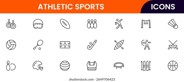 Sports vector web line icon collection sleek illustrations of balls, equipment, fitness, and athletic symbols for dynamic, active designs.