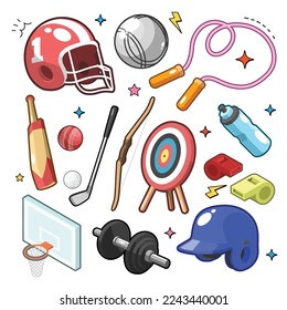 Sportvektoren mit farbenfrohen Grafiken mit Symbolen wie American Football Helm, Ball, Skipp-Seil, Wasserflasche, Kricketschläger und Ball, Golf und Club, Bug und Ziel, Whistle, Basketball.