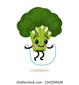 Sports vegetable character. Cute healthy fruit and funny face. Happy food green broccoli. Jumping rope. vegetarian vitamin diet and fitness concept.