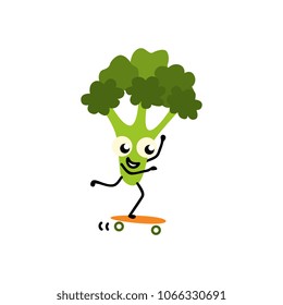 Sports vegetable element - green fresh cheerful broccoli skateboarding isolated on white background. Cute cartoon character doing exercises - healthy and active lifestyle concept. Vector illustration.