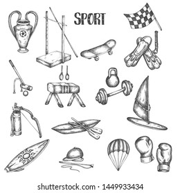 Sports vintage hand drawn vector illustrations. Sport and fitness set. Euipment sketch icons in retro style Trophy drawing