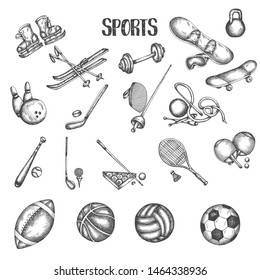 Sports vintage hand drawn vector illustrations. Sport and fitness doodle set. Sketch icons in retro style Euipment sketch icons in retro style Gym tools, football, soccer, tenis