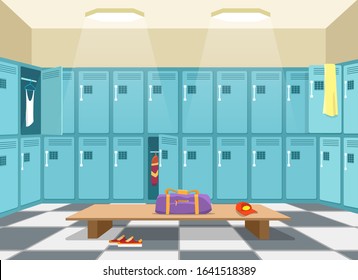 Sports wardrobe changing room. Sport athletics and fitness wardrobes, training locker room, athletes cloakroom empty interior with changing dressing boxes